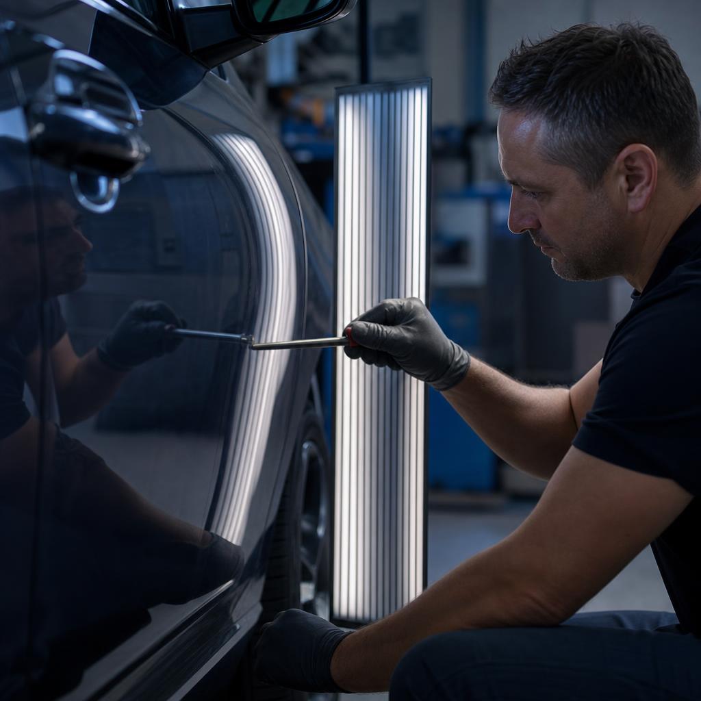 Vakman deukt autodeur uit zonder spuiten met speciale lichtlamp